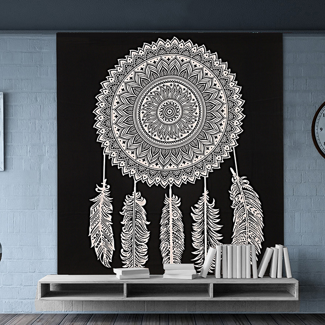 Dream Catcher Design Bedspread - 100% Cotton, 84x94 Inch Size, Black & White Feather Print, Washable, Versatile Usage