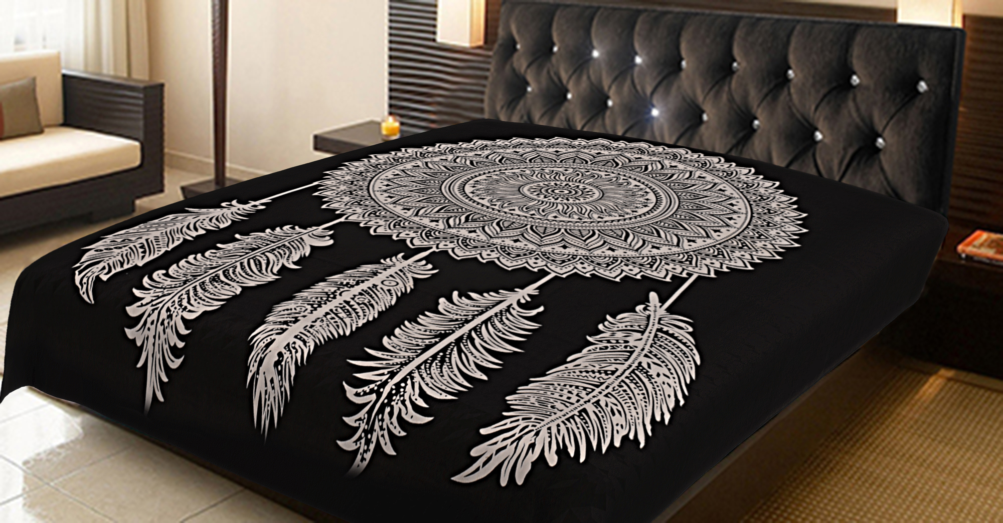 Dream Catcher Design Bedspread - 100% Cotton, 84x94 Inch Size, Black & White Feather Print, Washable, Versatile Usage