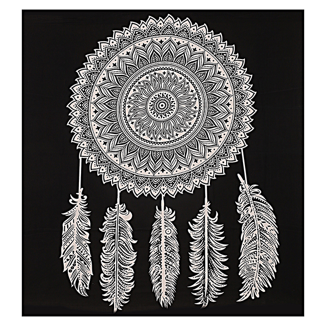 Dream Catcher Design Bedspread - 100% Cotton, 84x94 Inch Size, Black & White Feather Print, Washable, Versatile Usage