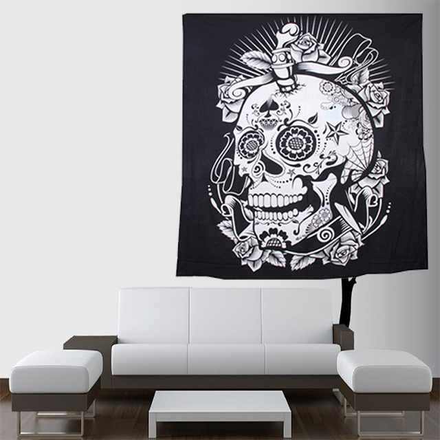 Black And White Halloween Skull & Rose Wall Hangings Beach Throw Bedspread Indian Cotton Bed Sheet Cotton Tapestry