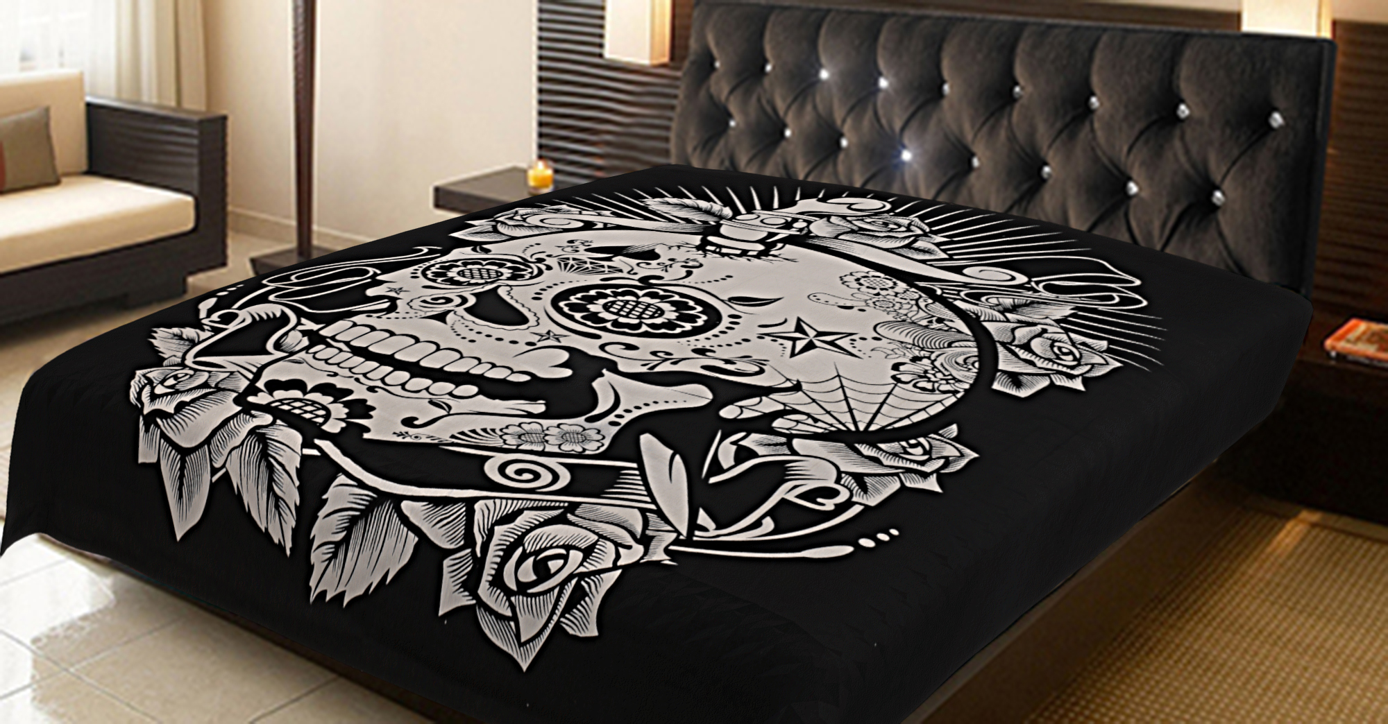 Black And White Halloween Skull & Rose Wall Hangings Beach Throw Bedspread Indian Cotton Bed Sheet Cotton Tapestry