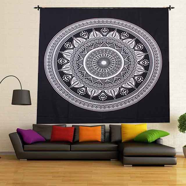Black And White Indian Cotton Deepak Ombre Mandala Hand Printed Handmade Wall Hangings Bedspread Bed Sheet Tapestry