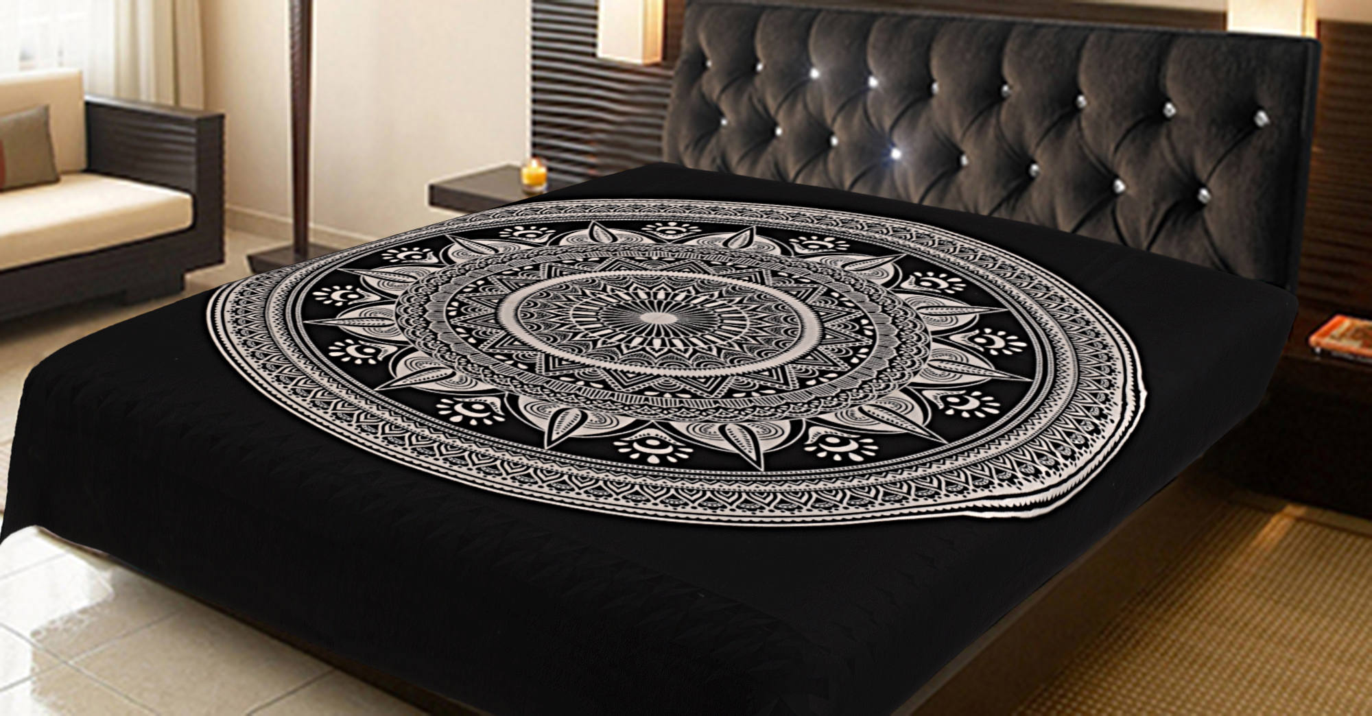 Black And White Indian Cotton Deepak Ombre Mandala Hand Printed Handmade Wall Hangings Bedspread Bed Sheet Tapestry