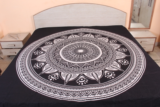 Black And White Indian Cotton Deepak Ombre Mandala Hand Printed Handmade Wall Hangings Bedspread Bed Sheet Tapestry