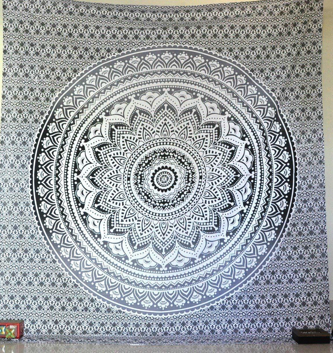 Black And White Wall Hangings Ombre Mandala Hand Printed Handmade Indian 100% Cotton Bedspread Bed Sheet Tapestry