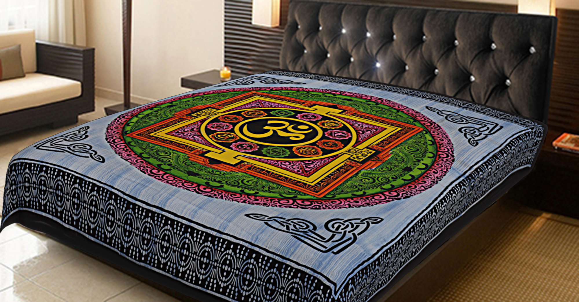 Indian Tie Dye Mandala Bedspread Set – Queen Size, 100% Cotton, Reversible Boho Bedding