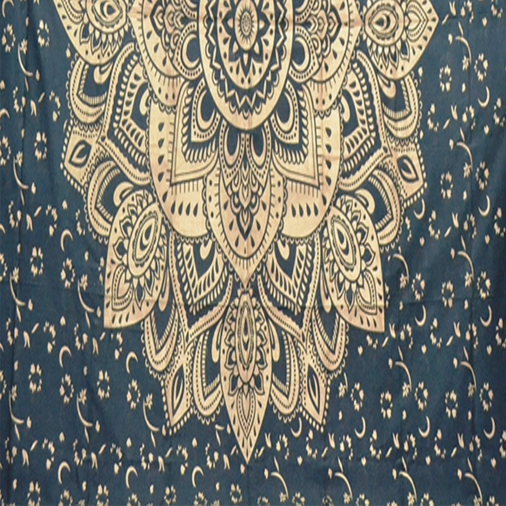 Blue + Golden Gold Dye Grey Color Indian 100% Cotton Fabric Floral Ombre Mandala Queen Size Royal Bed Sheet Bedspread Tapestry