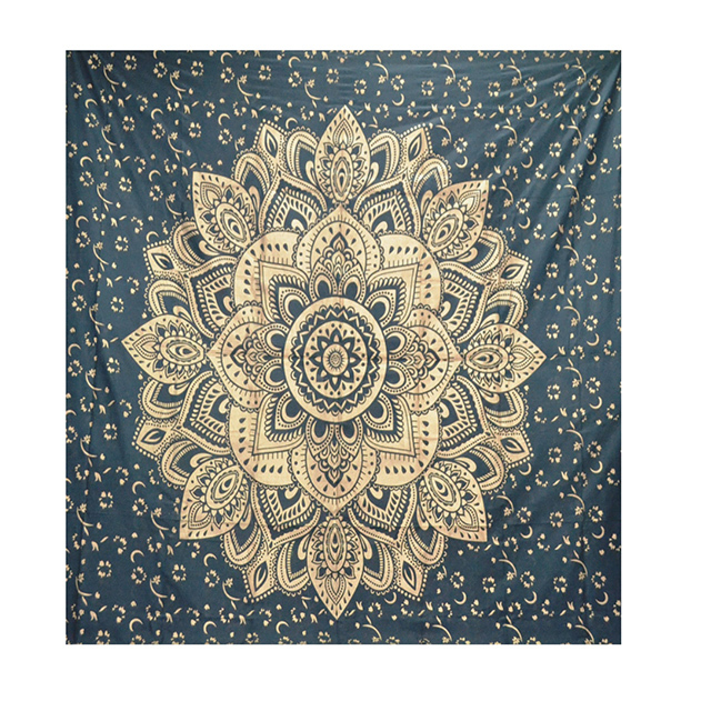 Blue + Golden Gold Dye Grey Color Indian 100% Cotton Fabric Floral Ombre Mandala Queen Size Royal Bed Sheet Bedspread Tapestry