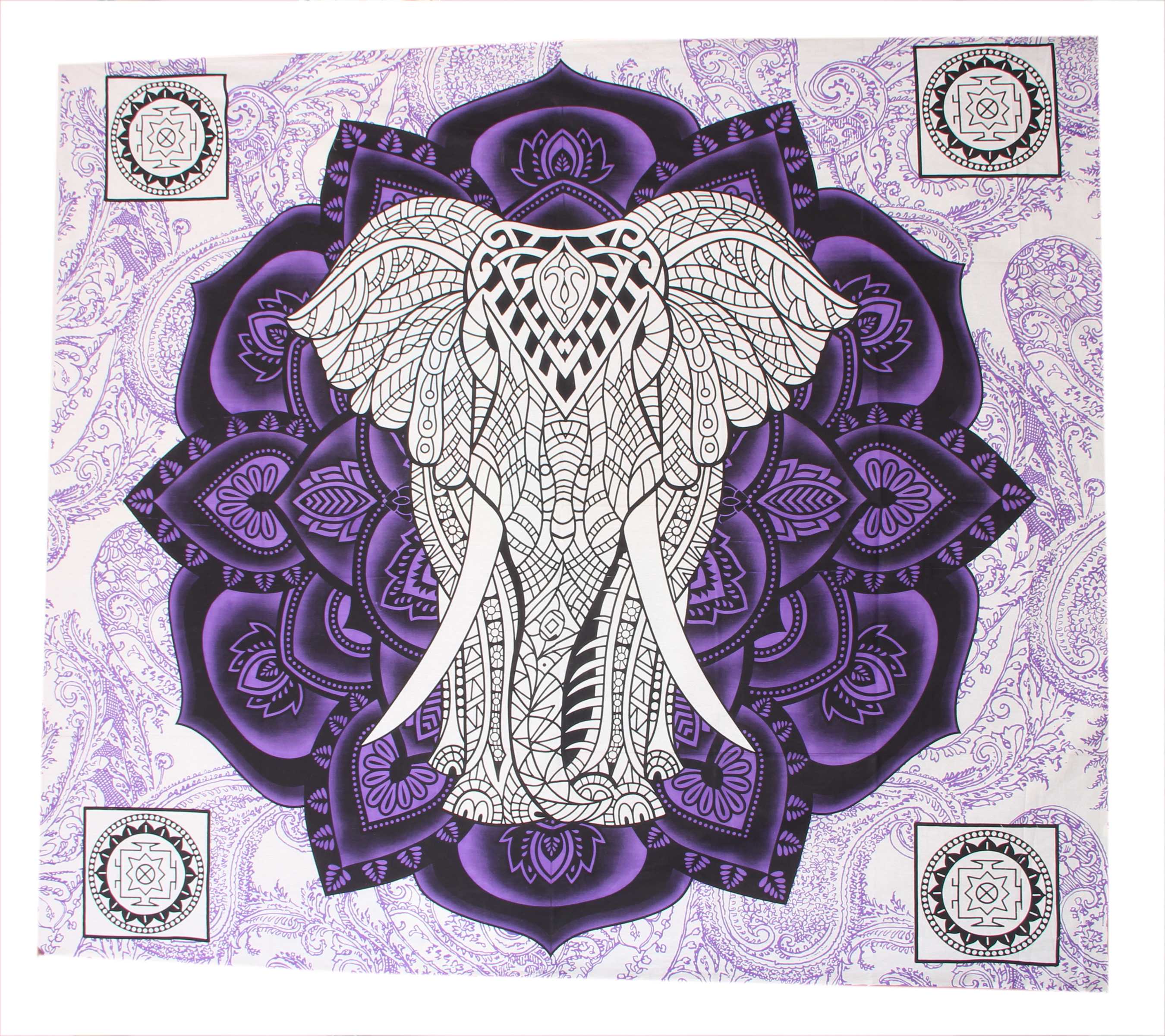 Quick Dry Indian Home Wall Hangings Mandala Tapestry Elephant And Lotus Design Violet Color Hand Printed Handmade Tapestry