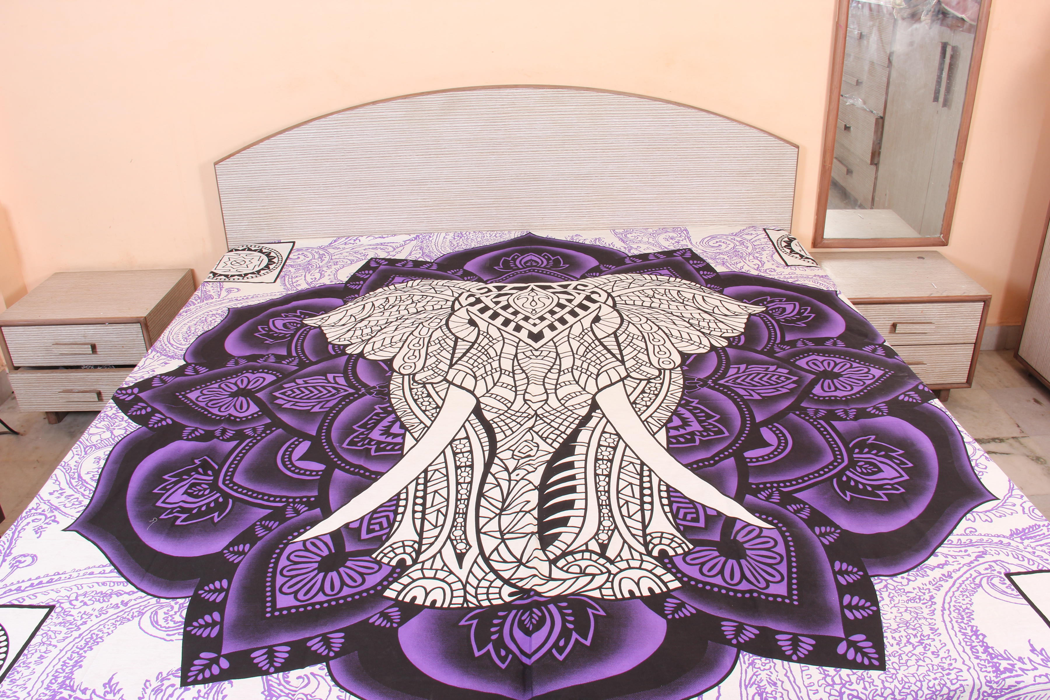 Quick Dry Indian Home Wall Hangings Mandala Tapestry Elephant And Lotus Design Violet Color Hand Printed Handmade Tapestry