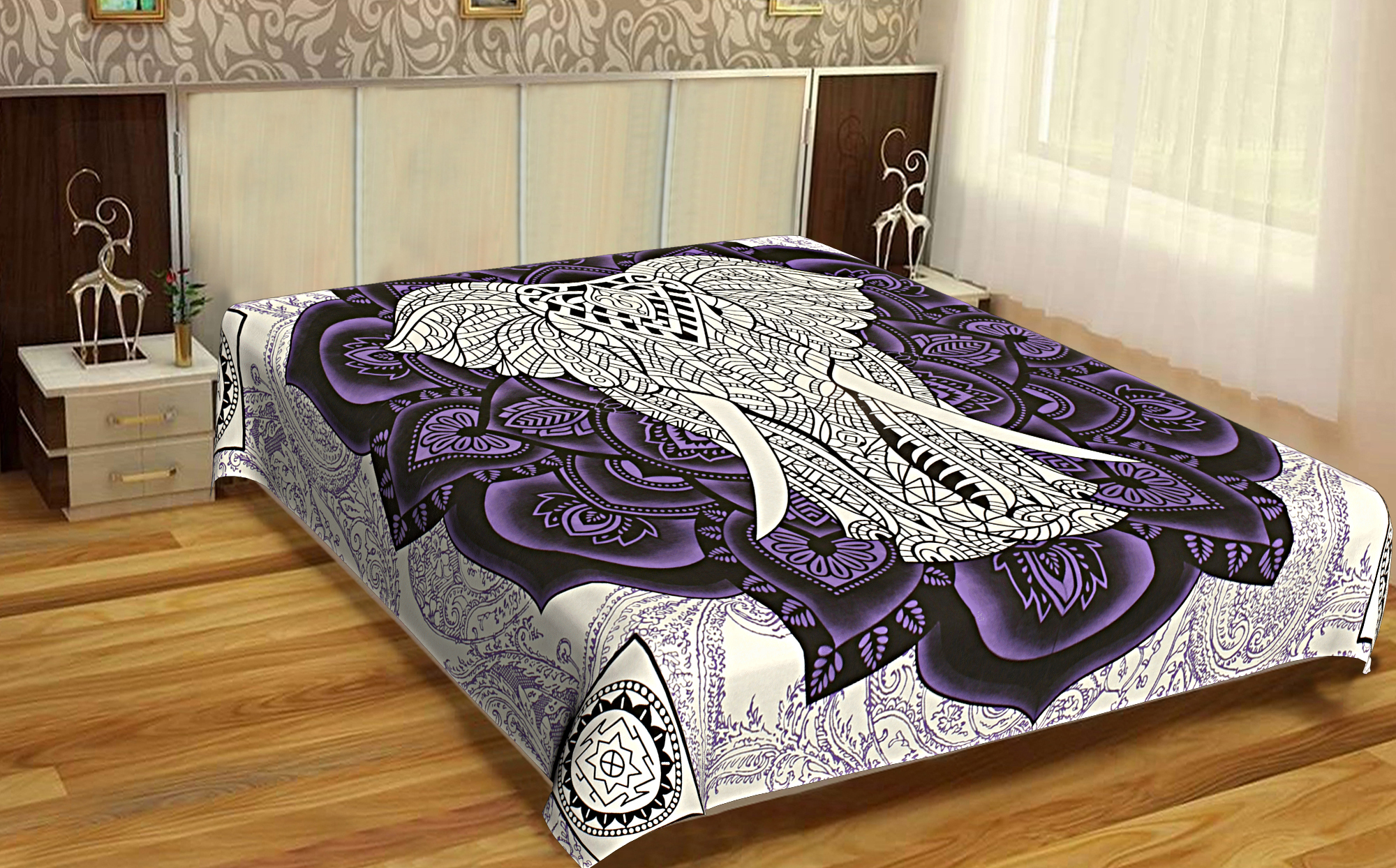 Quick Dry Indian Home Wall Hangings Mandala Tapestry Elephant And Lotus Design Violet Color Hand Printed Handmade Tapestry