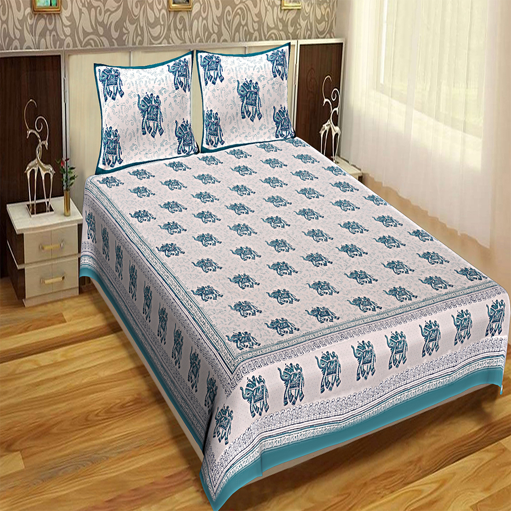 Indigo Blue + Peach Royal Fashion Indian Printed Jaipuri 100% Cotton Flower Design King Size, Printed Bedsheet Tapestry