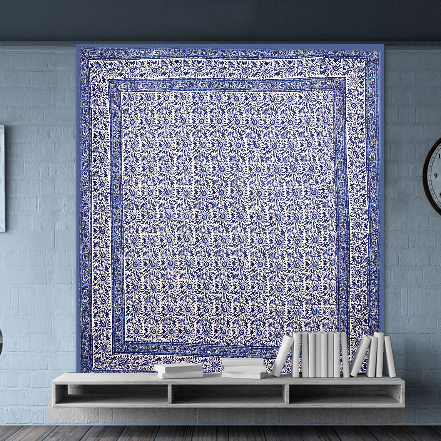 Indigo Blue + Peach Royal Fashion Indian Printed Jaipuri 100% Cotton Flower Design King Size, Printed Bedsheet Tapestry