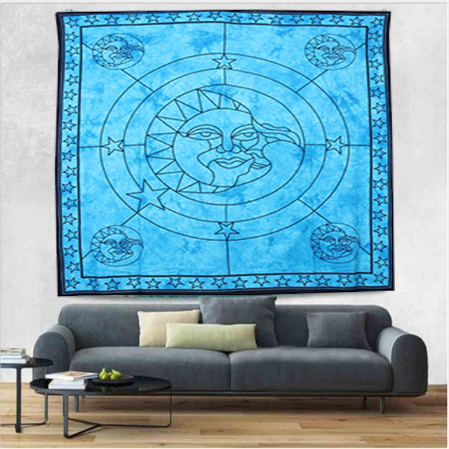 Quick Dry Sun Moon Meditative Blue Color Hand Printed Tie Dye Wholesale 100% Cotton Indian Tapestry