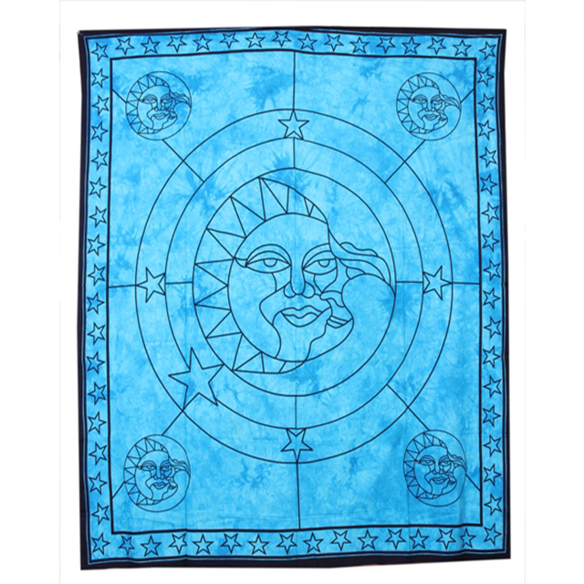 Quick Dry Sun Moon Meditative Blue Color Hand Printed Tie Dye Wholesale 100% Cotton Indian Tapestry