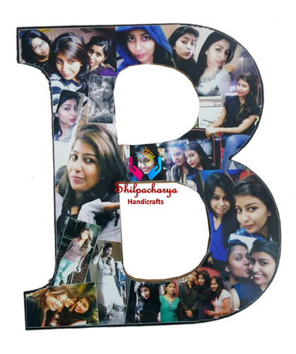 लकड़ी का बी अक्षर वॉल हैंगिंग फोटो कोलाज