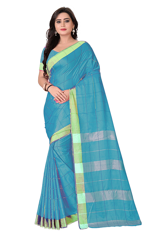 Lilan Poly Cotton Saree - Cotton Silk, 5.5 Mtr Length, 0.8 Mtr Blouse | Blue, Green, Red, Plain Pattern