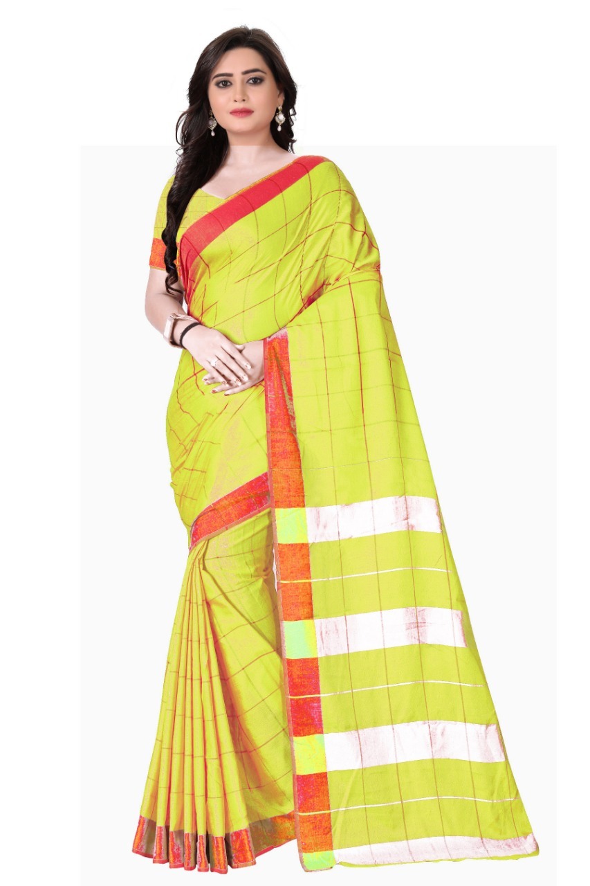 Lilan Poly Cotton Saree - Cotton Silk, 5.5 Mtr Length, 0.8 Mtr Blouse | Blue, Green, Red, Plain Pattern