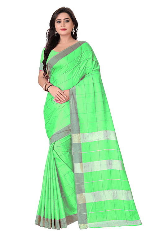 Lilan Poly Cotton Saree - Cotton Silk, 5.5 Mtr Length, 0.8 Mtr Blouse | Blue, Green, Red, Plain Pattern