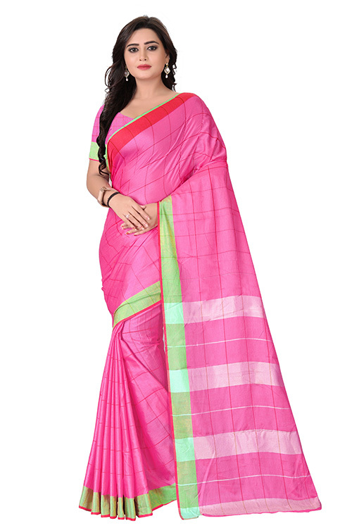 Lilan Poly Cotton Saree - Cotton Silk, 5.5 Mtr Length, 0.8 Mtr Blouse | Blue, Green, Red, Plain Pattern