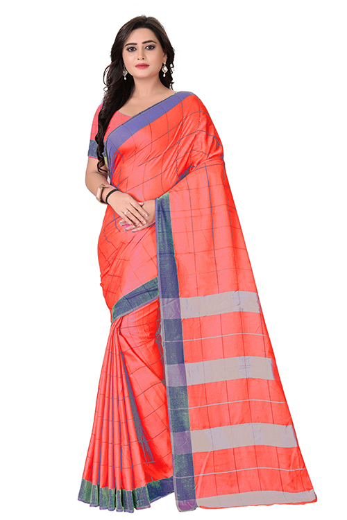 Lilan Poly Cotton Saree - Cotton Silk, 5.5 Mtr Length, 0.8 Mtr Blouse | Blue, Green, Red, Plain Pattern