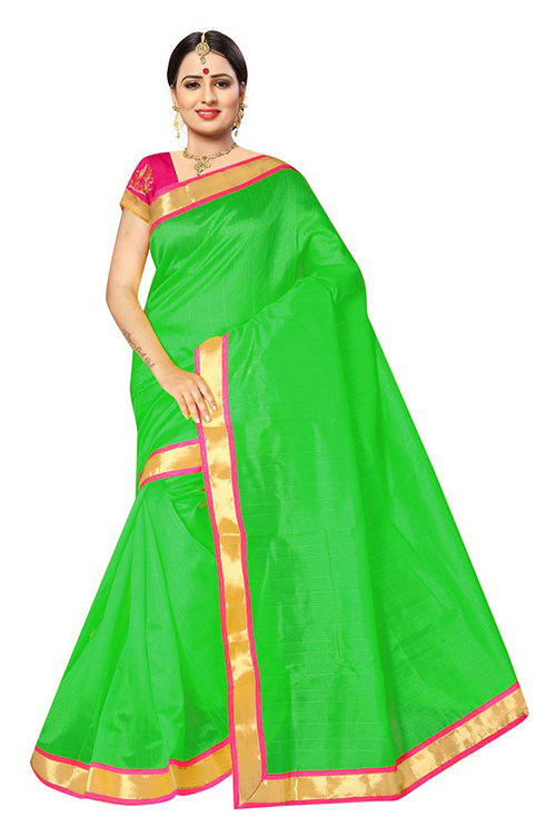 Cotton Plain Border Saree - Cotton Silk Material, Length: 5.5 Mtr, Blouse Length: 0.8 Mtr | Color: Yellow, Green, Pattern: Plain