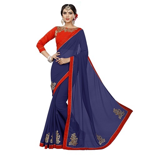 Blue Cotton Designer Saree