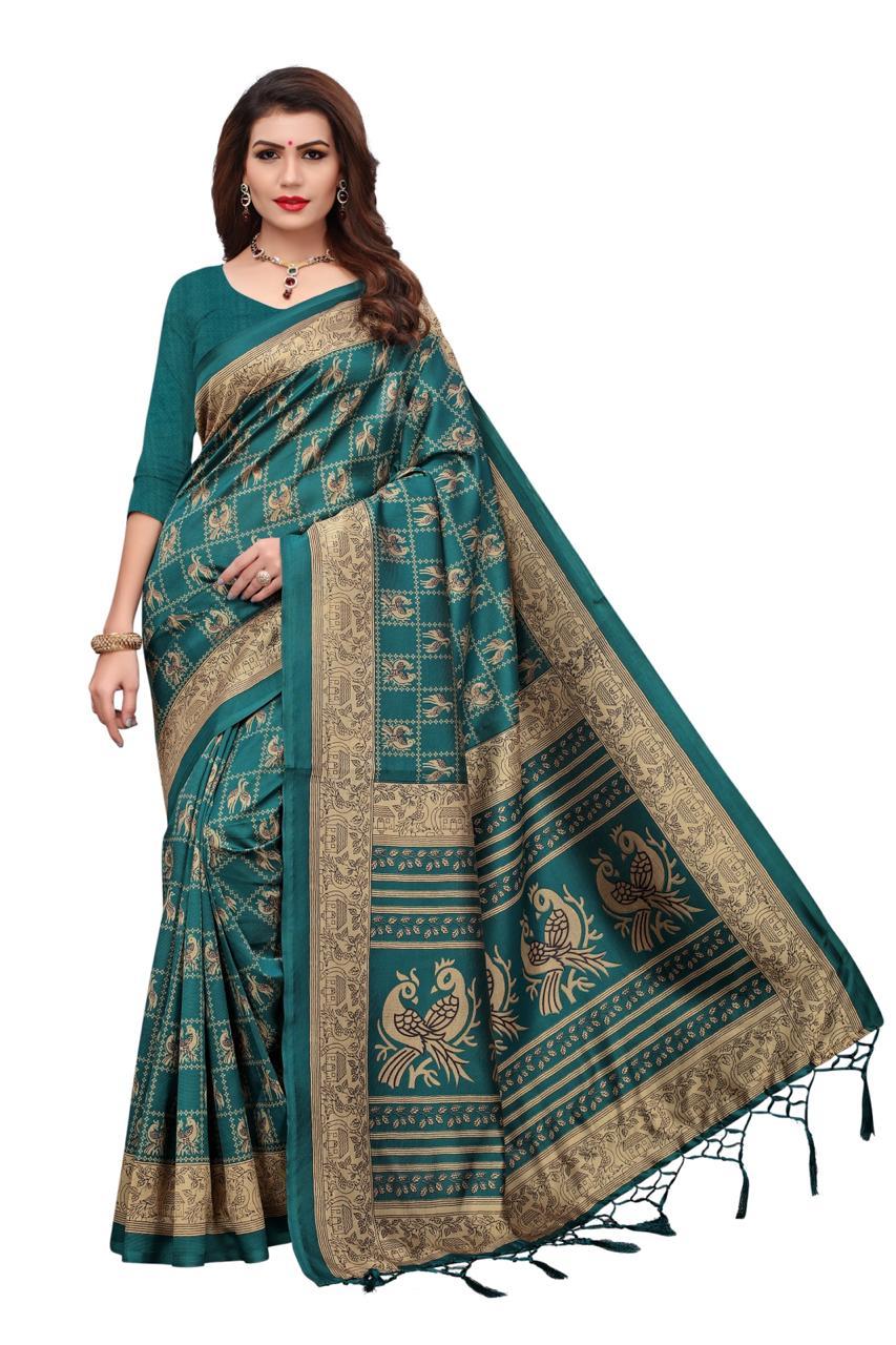 Fancy Art Silk Saree - Length: 5.5 Mtr, Blouse Length: 0.8 Mtr | Color: Green, Brown, Fabric Type: Art Silk, Pattern: Printed