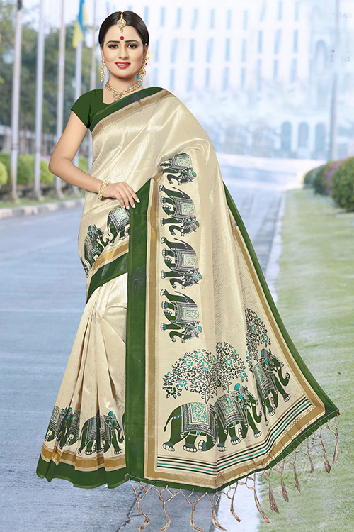 Designer Silk Saree - Art Silk, 5.5 Mtr Length, 0.8 Mtr Blouse | Printed Patterns In Green, Red, Pink, Gold, Blue Colors