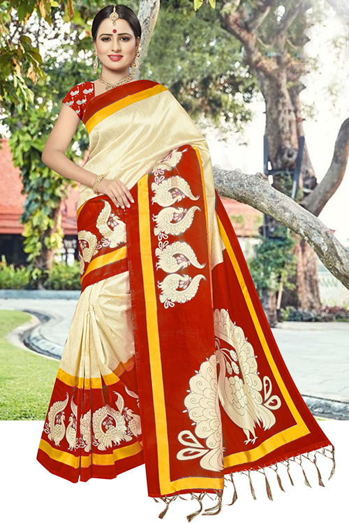 Designer Silk Saree - Art Silk, 5.5 Mtr Length, 0.8 Mtr Blouse | Printed Patterns In Green, Red, Pink, Gold, Blue Colors