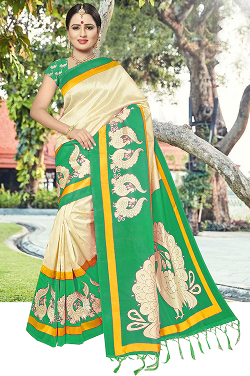 Designer Silk Saree - Art Silk, 5.5 Mtr Length, 0.8 Mtr Blouse | Printed Patterns In Green, Red, Pink, Gold, Blue Colors