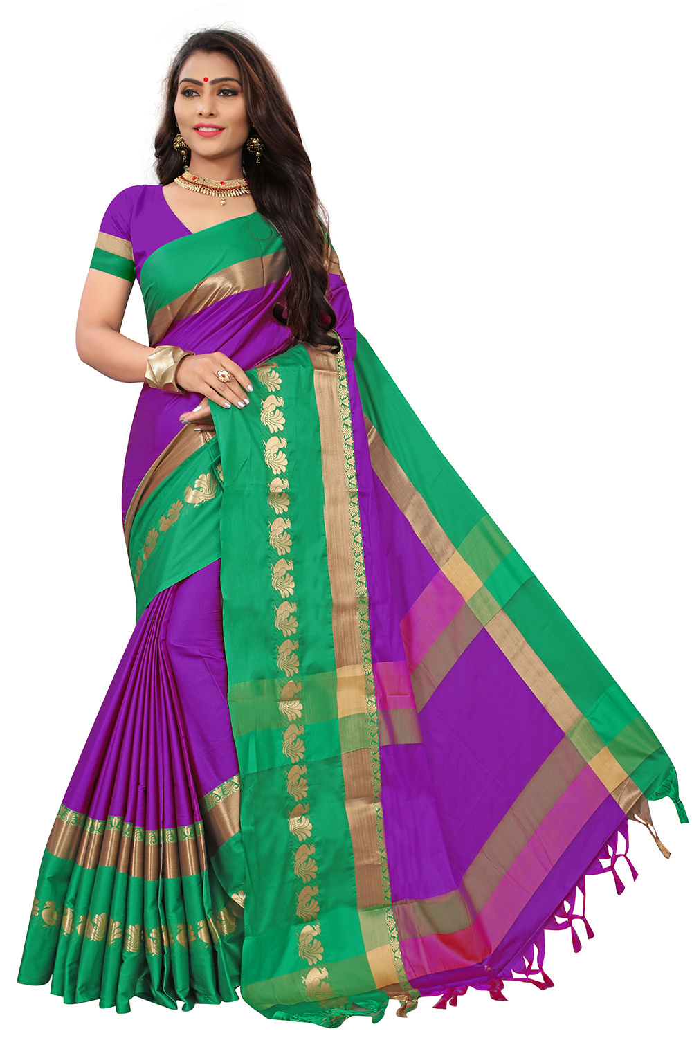 Cotton Lace Border Saree - Cotton Silk | Length: 5.5 Mtr, Blouse Length: 0.8 Mtr, Colors: Green, Blue, Red, Orange, Pattern: Plain, Work Type: Hand Embroidery