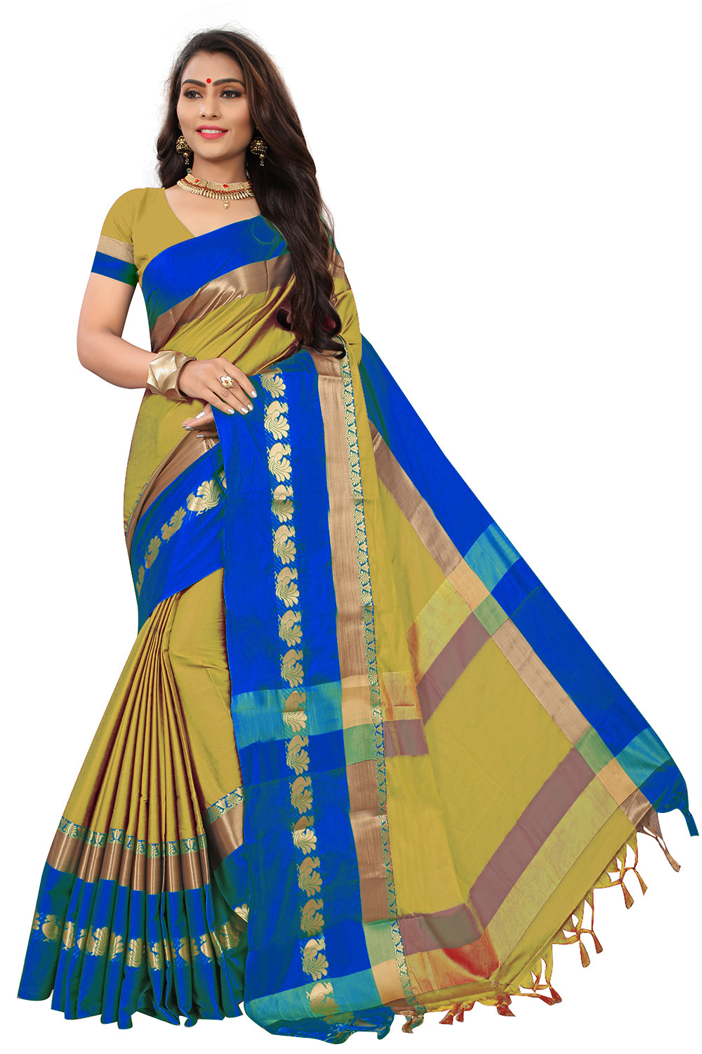 Cotton Lace Border Saree - Cotton Silk | Length: 5.5 Mtr, Blouse Length: 0.8 Mtr, Colors: Green, Blue, Red, Orange, Pattern: Plain, Work Type: Hand Embroidery