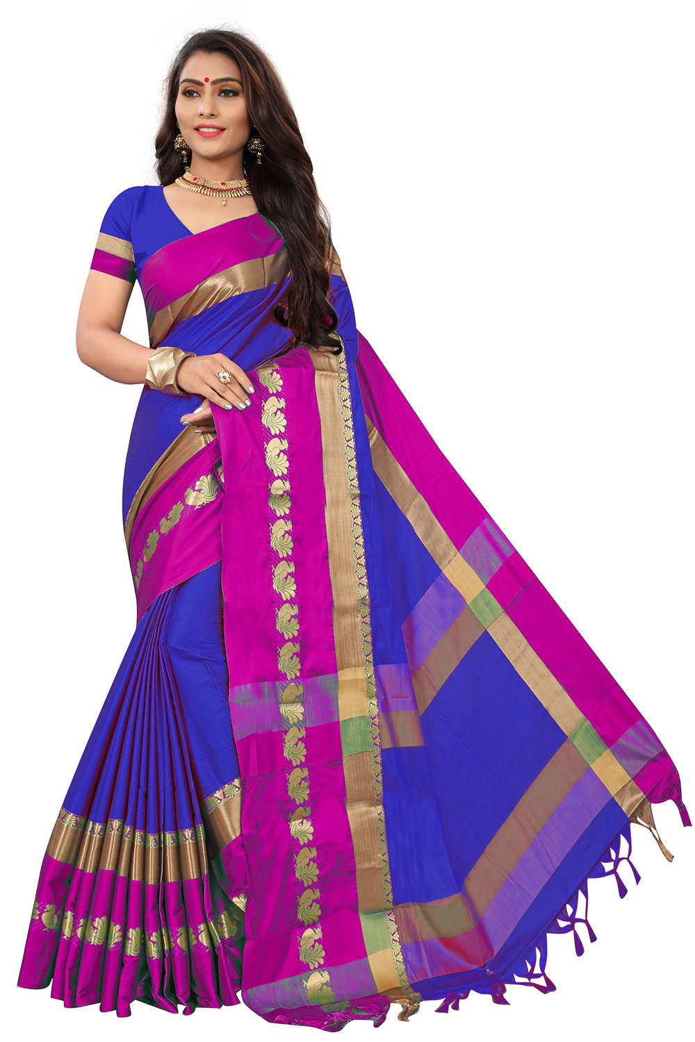 Cotton Lace Border Saree - Cotton Silk | Length: 5.5 Mtr, Blouse Length: 0.8 Mtr, Colors: Green, Blue, Red, Orange, Pattern: Plain, Work Type: Hand Embroidery