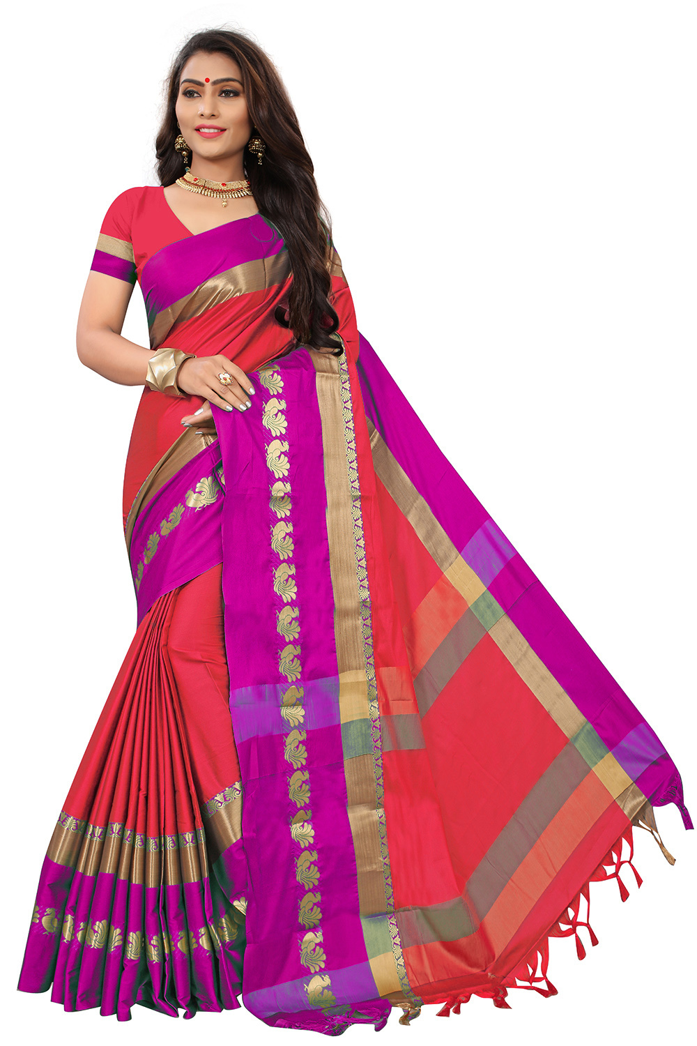 Cotton Lace Border Saree - Cotton Silk | Length: 5.5 Mtr, Blouse Length: 0.8 Mtr, Colors: Green, Blue, Red, Orange, Pattern: Plain, Work Type: Hand Embroidery