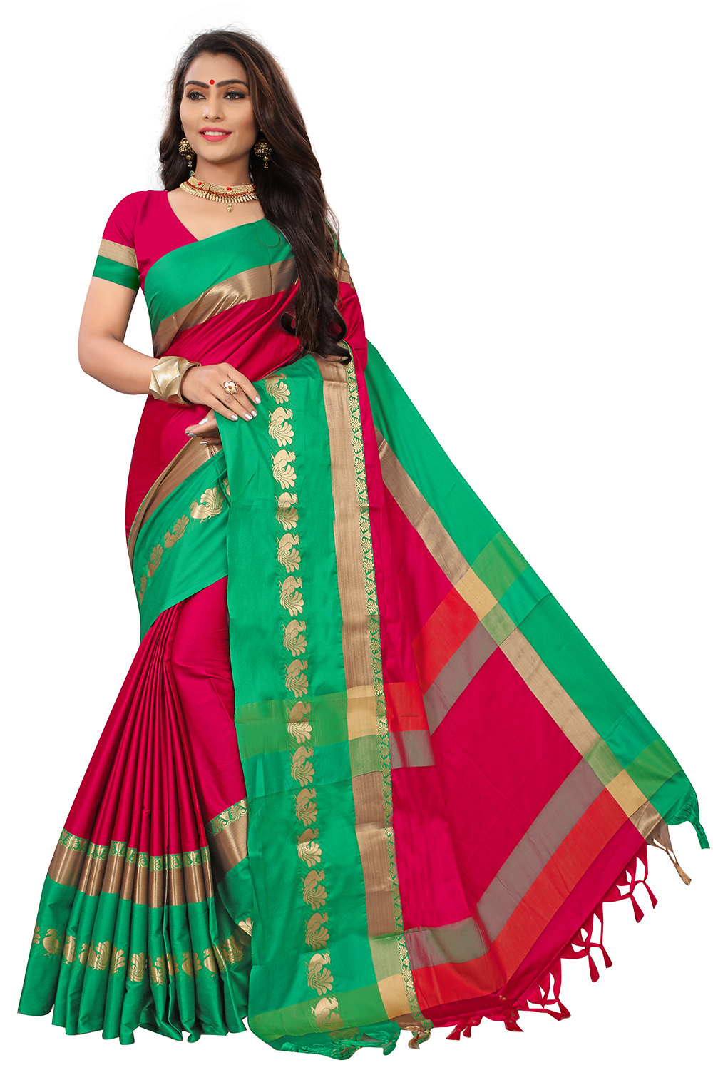 Cotton Lace Border Saree - Cotton Silk | Length: 5.5 Mtr, Blouse Length: 0.8 Mtr, Colors: Green, Blue, Red, Orange, Pattern: Plain, Work Type: Hand Embroidery