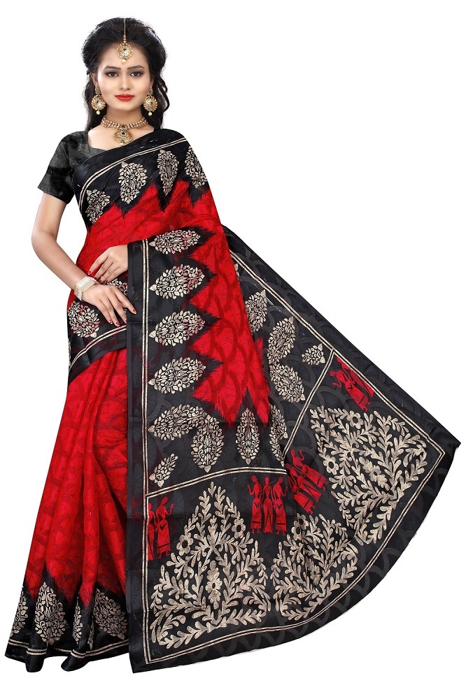 Cotton Saree - 5.5 Mtr Length, 0.8 Mtr Blouse | Green, Red, Gold, Orange, Pink, Printed Cotton Silk