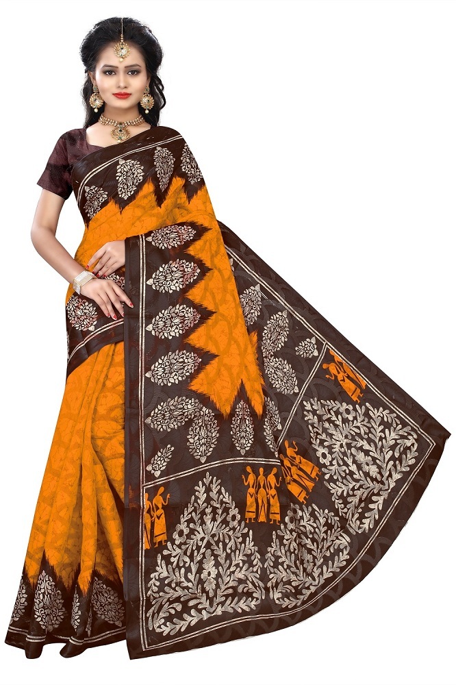 Cotton Saree - 5.5 Mtr Length, 0.8 Mtr Blouse | Green, Red, Gold, Orange, Pink, Printed Cotton Silk