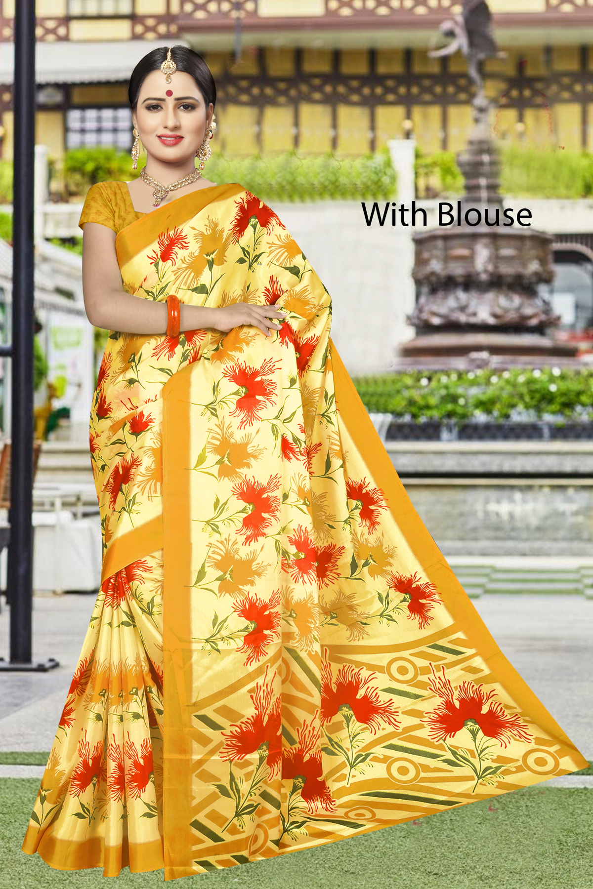 Cotton Designer Saree - Cotton Silk Material, Length 5.5 Mtr, Blouse Length 0.8 Mtr | Vibrant Printed Patterns In Yellow, Red, Green, Pink, Blue, Purple