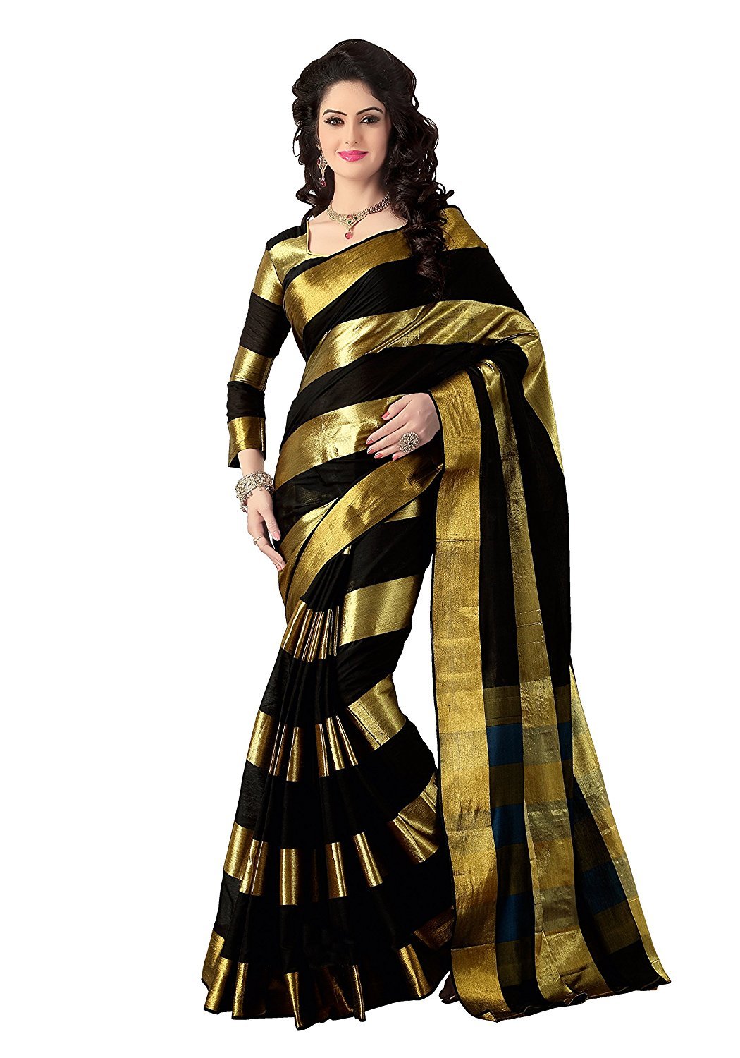 Designer Cotton Silk Saree - 5.5 Mtr Length, 0.8 Mtr Blouse | Black Color, Plain Pattern, Luxurious Cotton Silk Material