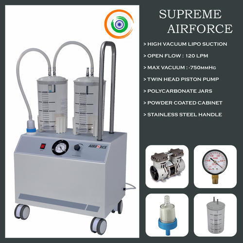 Liposuction Machine - Polycarbonate, 2 x 4000ml Jar Capacity | Oil Free Vacuum Pump, 220~230V, -750mm Hg Vacuum Capacity, 120~125 LPM Free Air Flow Rate