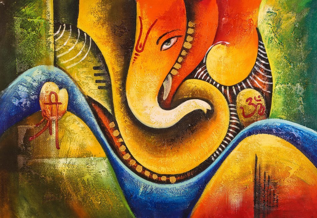 Ganesh Painting - 3x2 Sqft Hand-painted Canvas | Indian Style, Without Frame