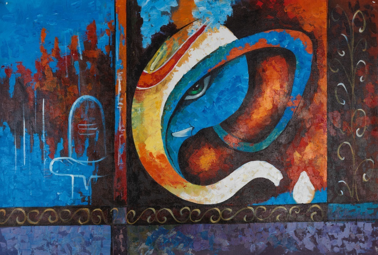 Ganesh Painting - 3x2 Sqft Hand-painted Canvas | Indian Style, Without Frame