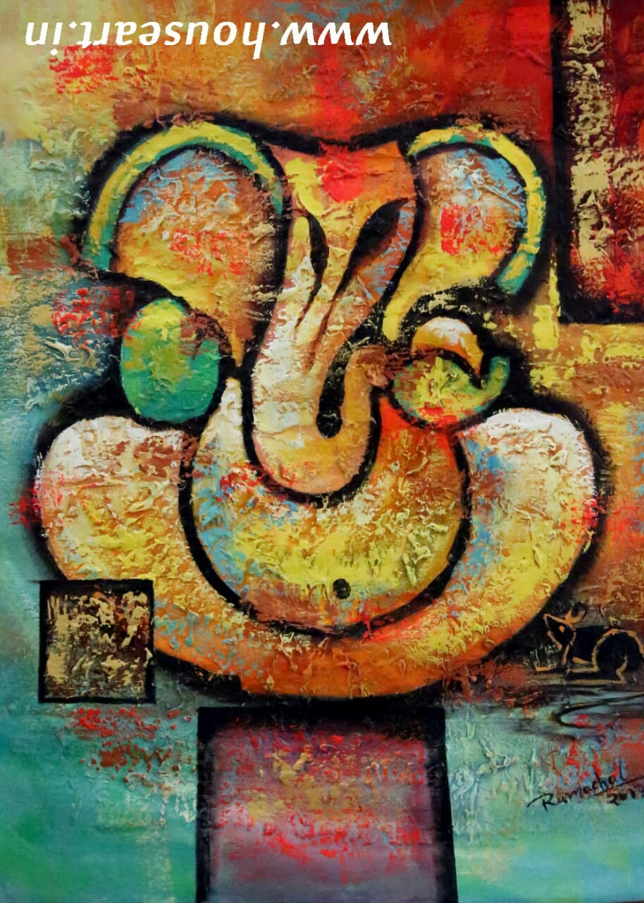 Ganesh Painting - 3x2 Sqft Hand-painted Canvas | Indian Style, Without Frame