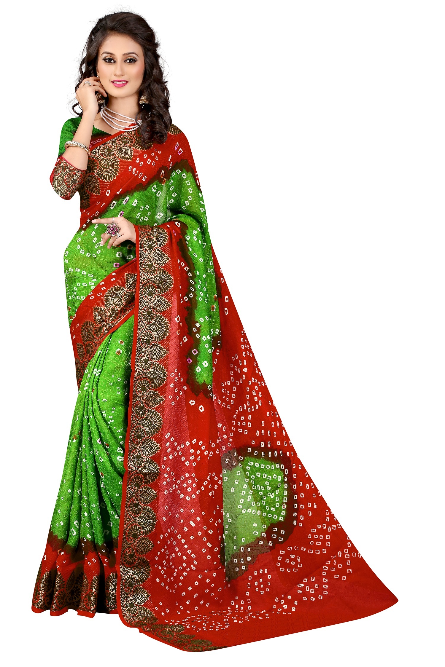 Fancy Bandhani Saree - Art Silk, 5.5 Mtr Length, 0.8 Mtr Blouse | Printed In Black, Yellow, Red, Pink, Green, Gold, Rama, Orange, Perot