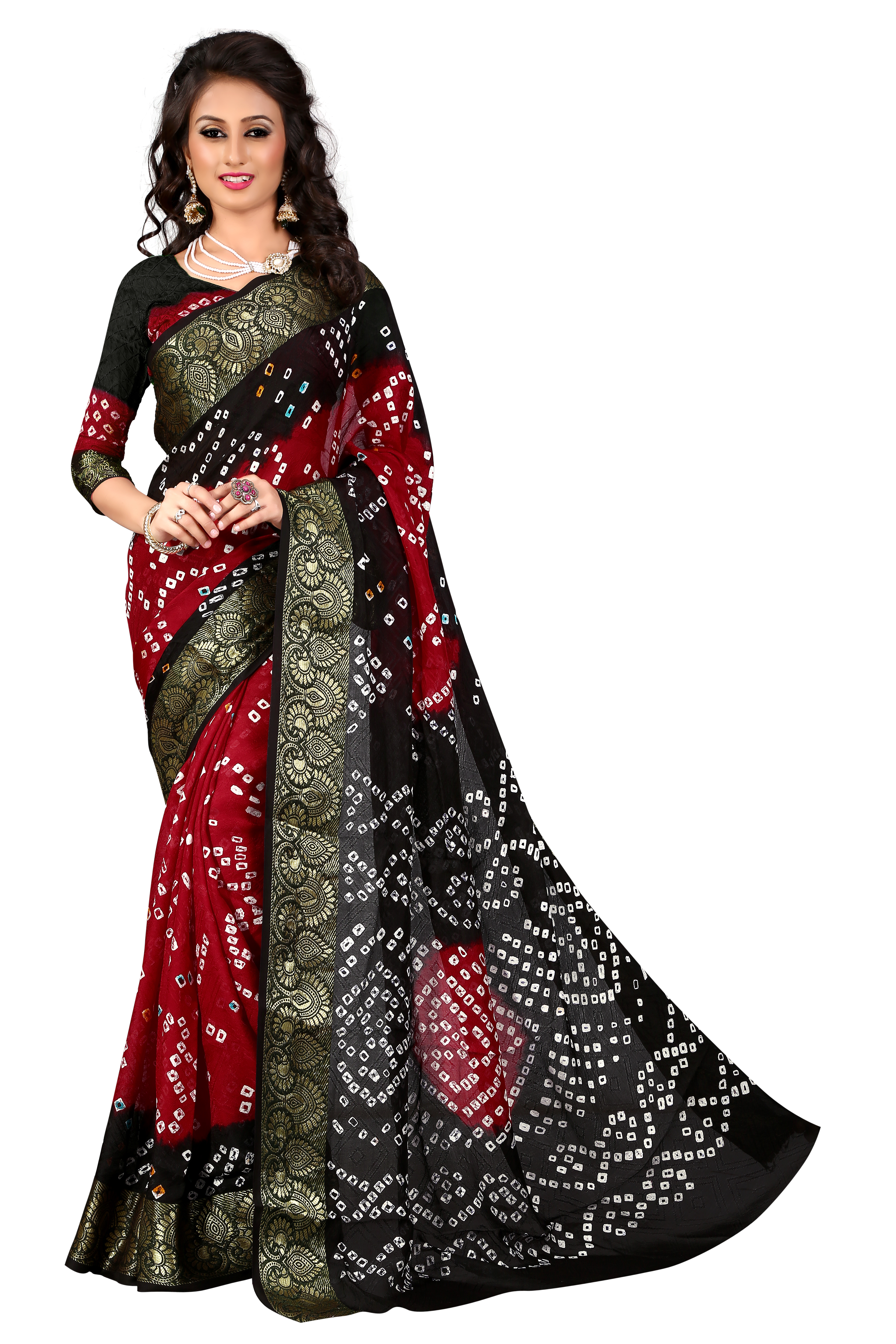 Fancy Bandhani Saree - Art Silk, 5.5 Mtr Length, 0.8 Mtr Blouse | Printed In Black, Yellow, Red, Pink, Green, Gold, Rama, Orange, Perot