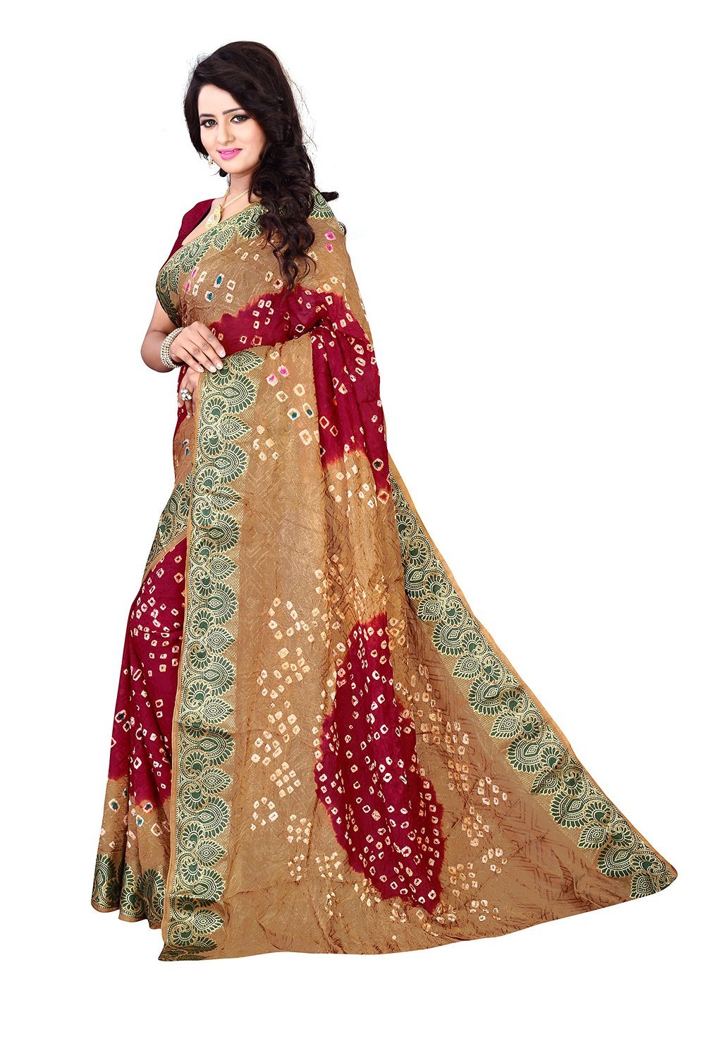 Fancy Bandhani Saree - Art Silk, 5.5 Mtr Length, 0.8 Mtr Blouse | Printed In Black, Yellow, Red, Pink, Green, Gold, Rama, Orange, Perot