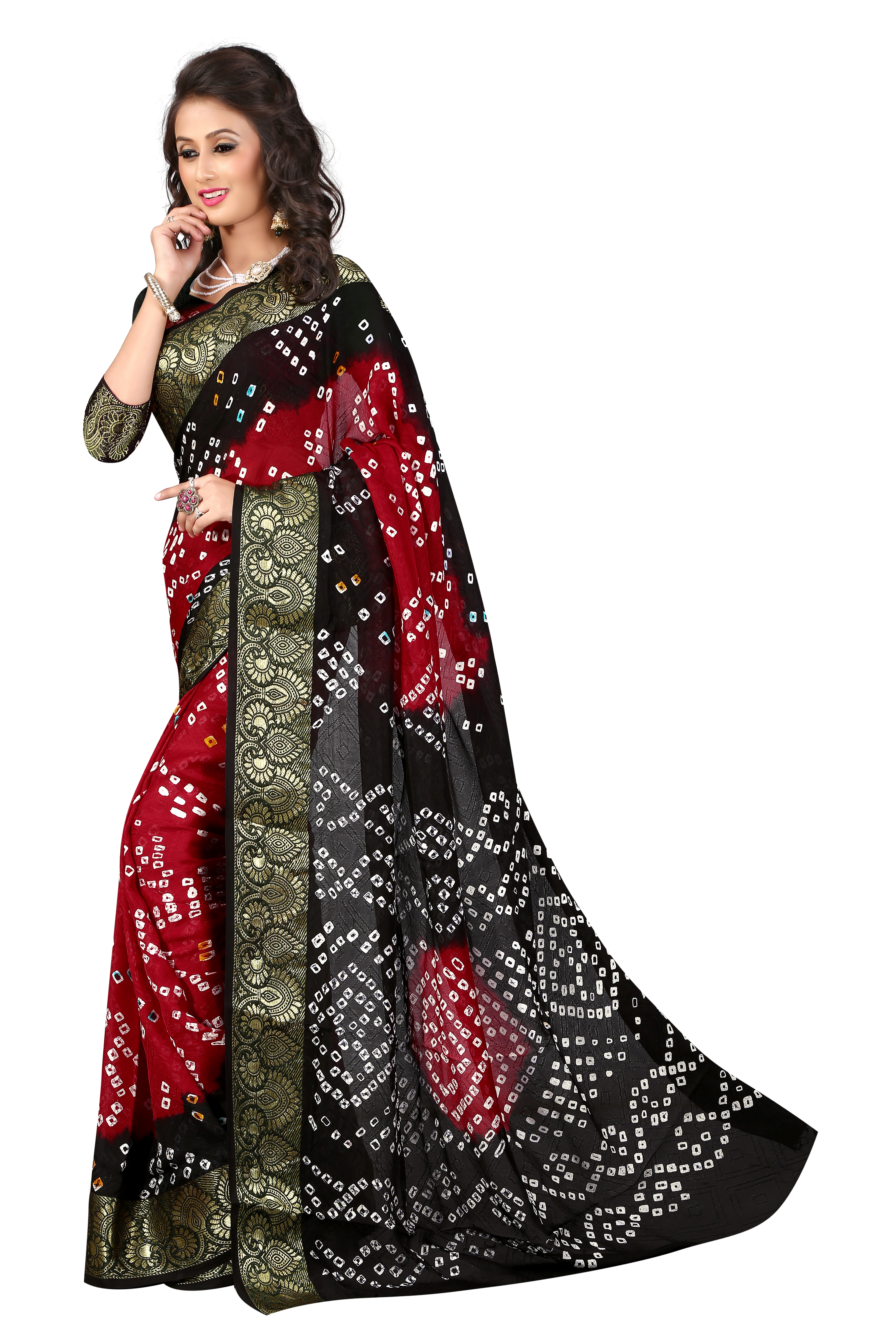Fancy Bandhani Saree - Art Silk, 5.5 Mtr Length, 0.8 Mtr Blouse | Printed In Black, Yellow, Red, Pink, Green, Gold, Rama, Orange, Perot