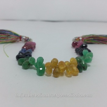 Natural Gemstone Teardrop Beads - 100% Natural Emerald, Ruby, Blue Sapphire & Yellow Sapphire | 52-55 Faceted Beads, Multi-Color, 3.5-4.5mm x 5.5-6.2mm, Grade AAA Quality, Handmade in India