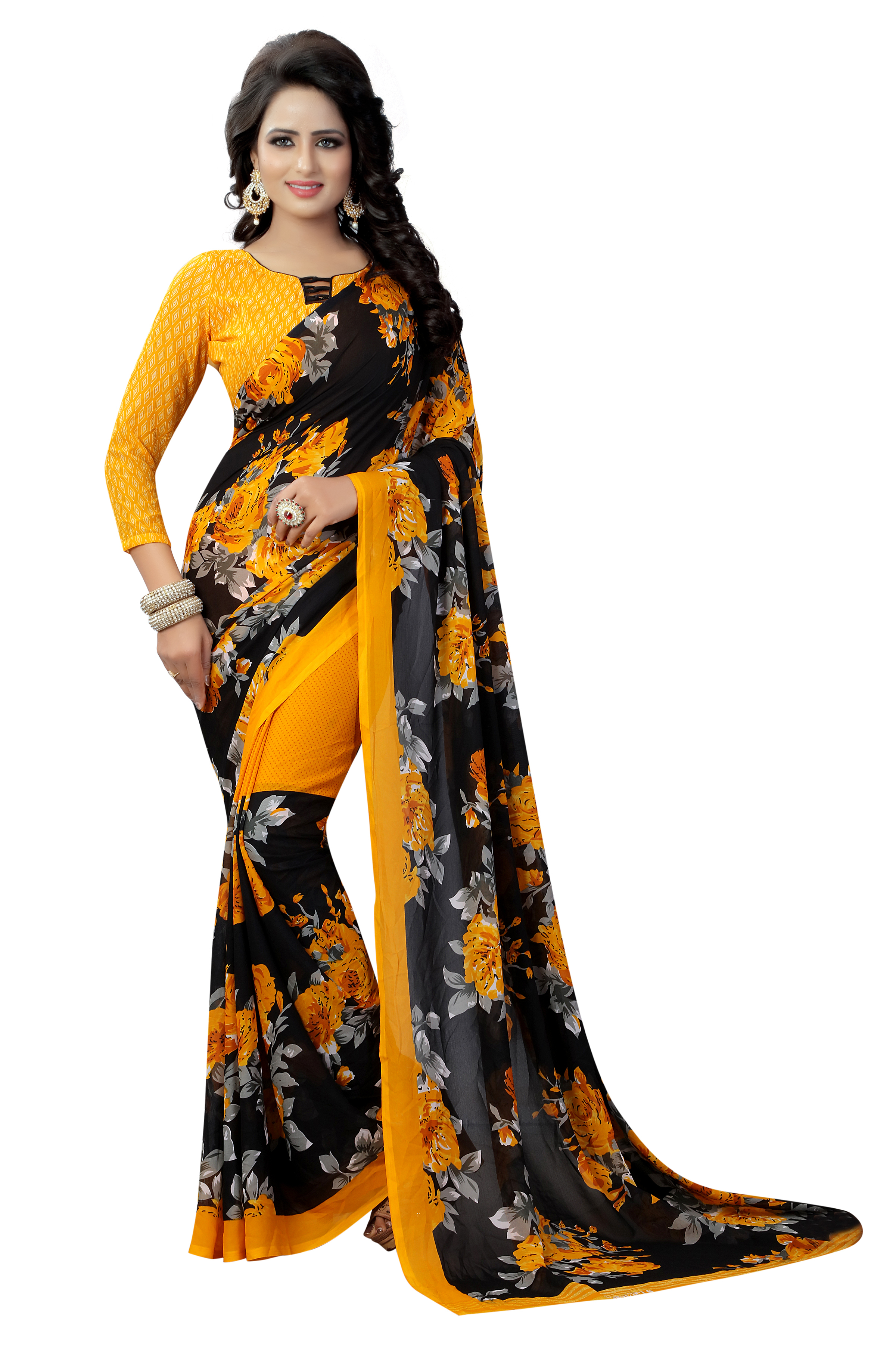 Flower Printed Georgette Saree - Georgette Silk, Length: 5.5 Mtr, Blouse Length: 0.8 Mtr | Colors: Green, Yellow, Pattern: Floral, Suitable For All Seasons